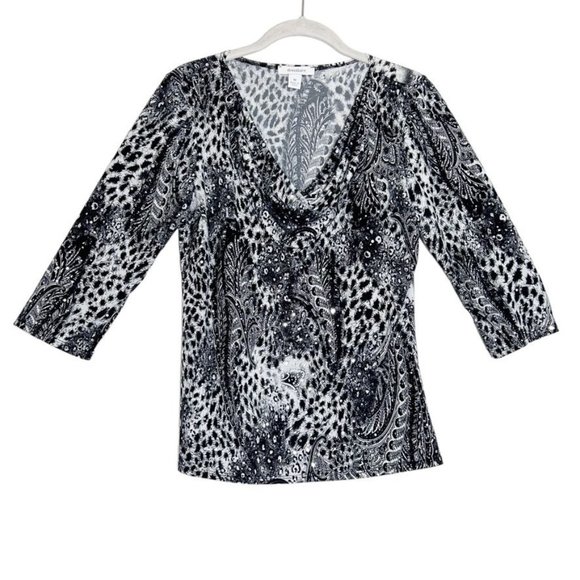 Dressbarn Women's Paisley Print Pullover Embellished Top in White/Black - Sz M - Picture 1 of 6